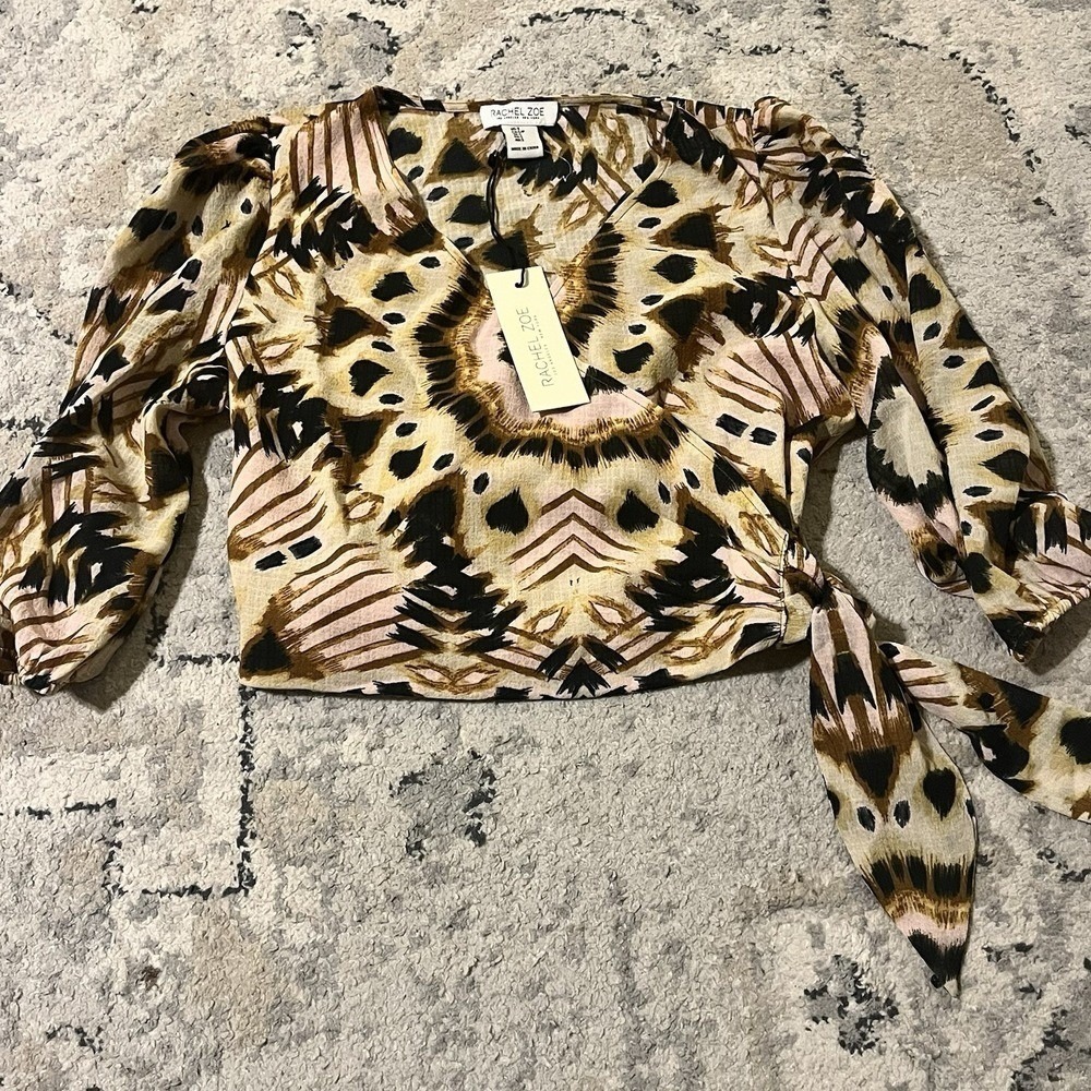 Rachel Zoe NWT Women Animal Print Crop Wrap Tie Top Puff Sleeve Boho Resort S - Picture 2 of 8